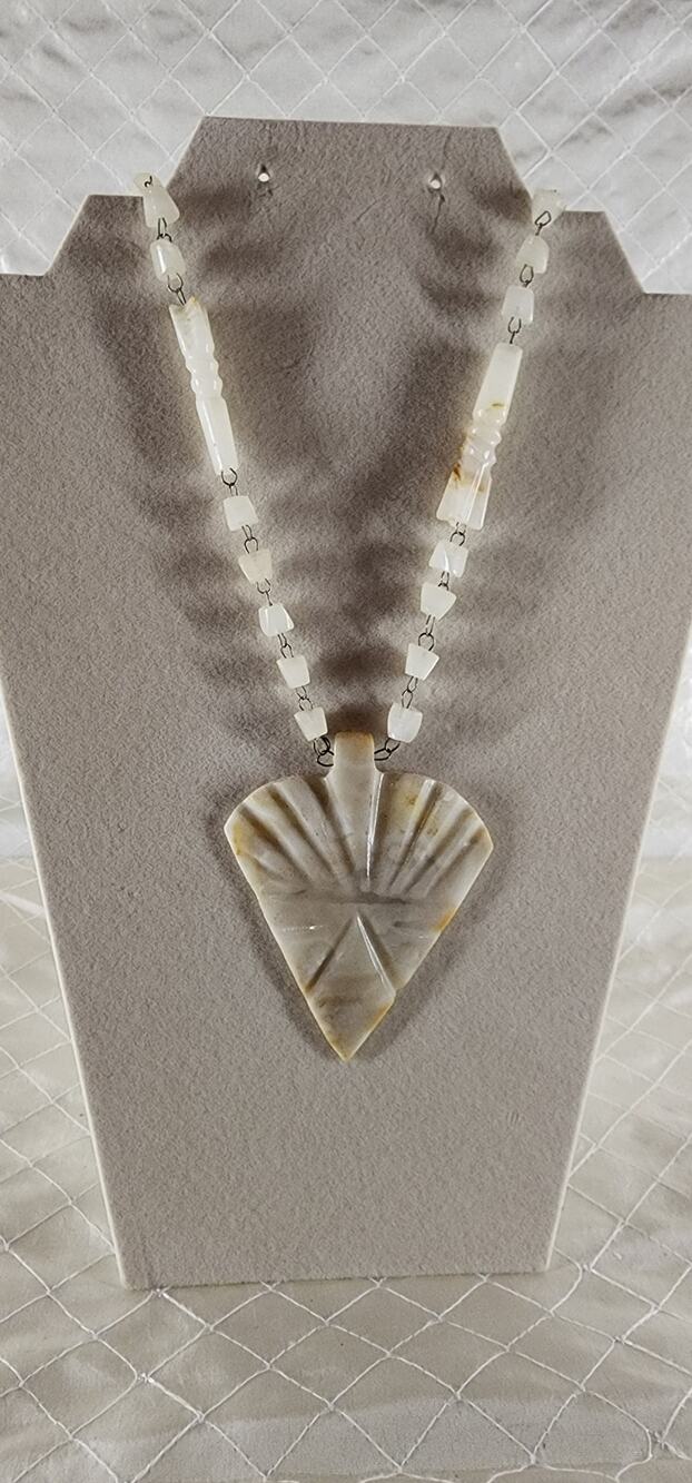 Vintage Carved Alabaster Stone Necklace Large GeometricPendant Mexican Style 16"